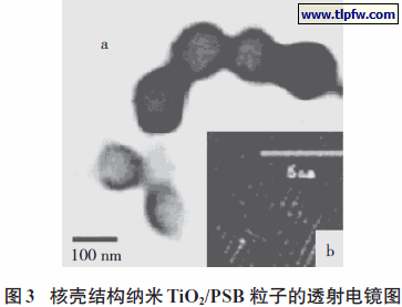 核壳结构纳米TiO2/PSB 粒子的透射电镜图