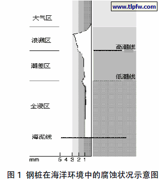钢桩在海洋环境中的腐蚀状况示意图