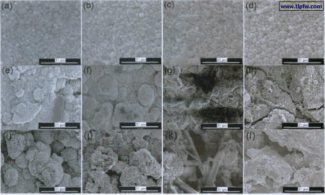 1# ～ 4#富锌涂料盐雾实验前和盐雾实验1 000 h、4 000 h后的SEM 照片
