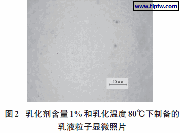 图2 乳化剂含量1%和乳化温度80℃下制备的乳液粒子显微照片
