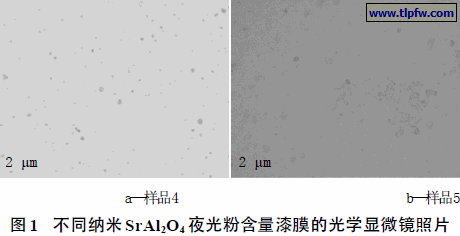 不同纳米SrAl2O4 夜光粉含量漆膜的光学显微镜照片