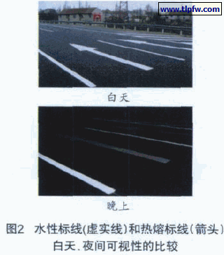 水性标线(虚实线）和热熔标线（箭头）白天、夜间可视性的比较