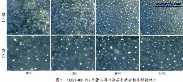镁粉( 400 目) 用量不同时涂层表面金相显微镜照片