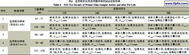 适用期前后底漆涂膜样板的NSS试验结果