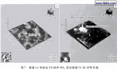 清漆( a) 和添加3% 纳米SiO2 浆的清漆( b) 的AFM 形貌