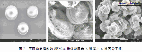 不同功能填料的ＳＥＭ（ａ．粉煤灰漂珠ｂ．硅藻土ｃ．沸石分子筛）