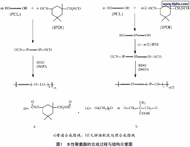 水性聚氨酯的合成过程与结构示意图