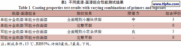 不同底漆-面漆组合性能测试结果