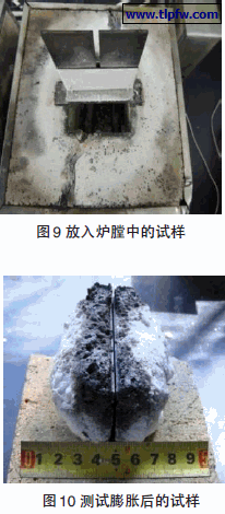 放入炉膛中的试样,测试膨胀后的试样