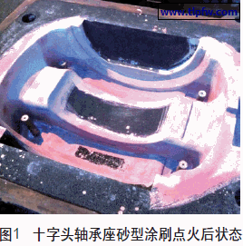 十字头轴承座砂型涂刷点火后状态