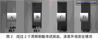 经过2 个周期耐酸性试验后,涂层外观变化情况
