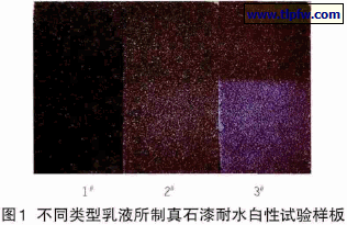 图1 不同类型乳液所制真石漆耐水白性试验样