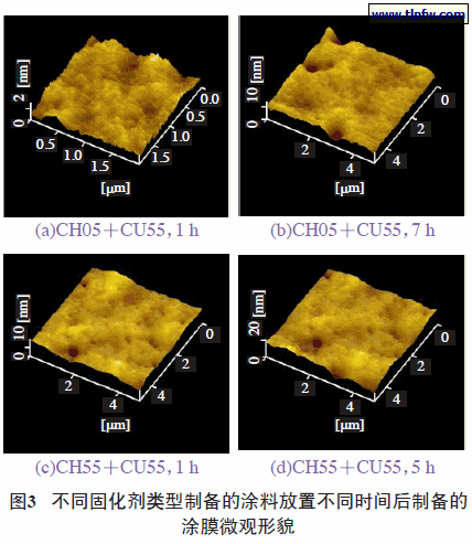不同固化剂类型制备的涂料放置不同时间后制备的涂膜微观形貌