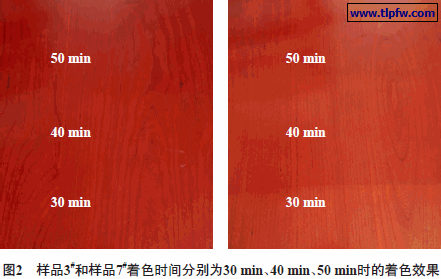 样品3#和样品7#着色时间分别为30 min、40 min、50 min时的着色效果